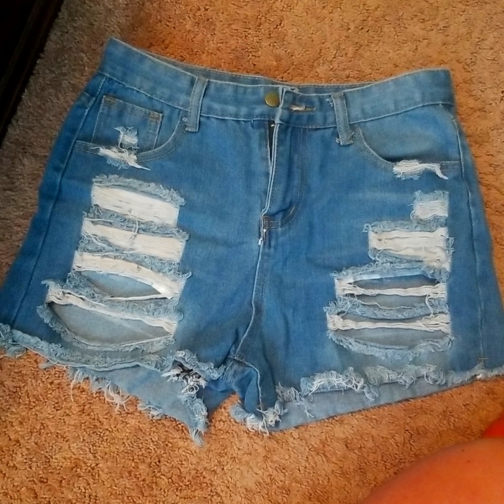 High waisted distressed jean shorts